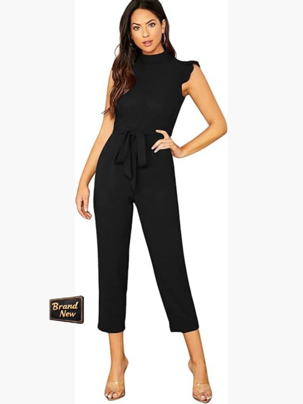 Sleeveless Mock Neck Ruffle Trim Belted Cropped Jumpsuit Romper Medium